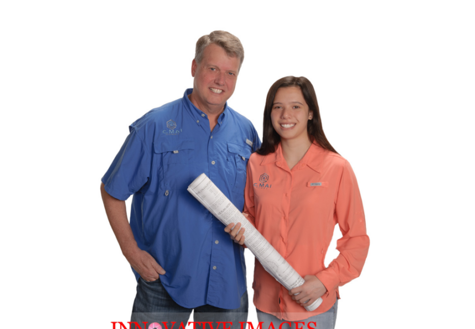 A photo of dad and daughter in family home building business, posing for a professional team business portrait and headshot. Photographed at Innovative Images Photography by Robert Berger professional portrait photography studio in Houston Texas. Light gray photography background. Headshot includes face retouching. 11211 Richmond Ave. Suite B101, Houston, TX 77082. Photography Service areas include 77005, 77401, 77019, 77024, 77055, 77025. 77027, 77057, 77081, 77081, 77082, 77098, 77030, 77063, 77056, 77096, 77407, 77079, 77346, 77459, 77494, 77450, 77498, 77407, 77441, 77433, 77493, 77489, 77478, 77469, 77406, 77497, 77464, 77477